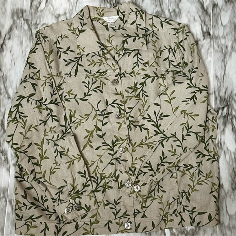 Leaf Patterned Beige Lightweight Jacket Linen Cot… - image 1